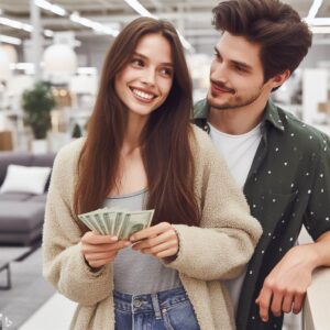 Na fotce je pár, který si sjedná rychlou půjčku na rok online a využije ji na nákup nábytku.